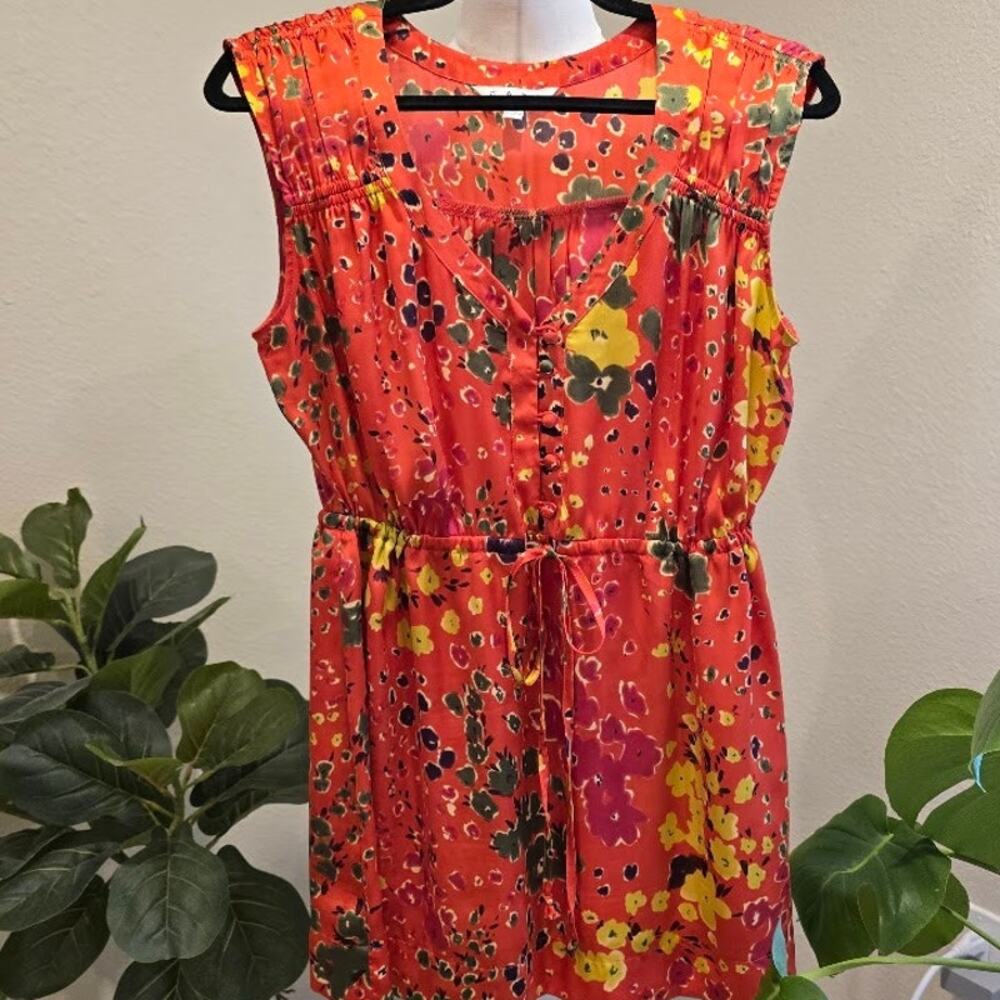 CAbi Blouse Women’s M Orange Floral Drawstring Tie Waist Sleeveless Style 363